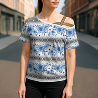 Samoa White Sunday Cross Shoulder Shirt Samoan Tapa Blue Hibiscus LT05 - Polynesian Pride