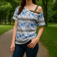 Samoa White Sunday Cross Shoulder Shirt Samoan Tapa Blue Hibiscus LT05 - Polynesian Pride