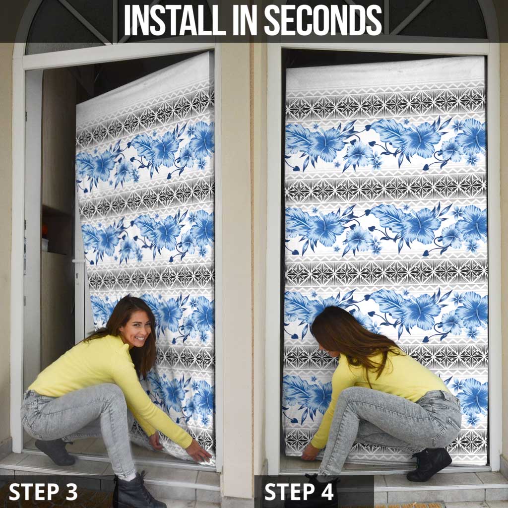 Samoa White Sunday Door Cover Samoan Tapa Blue Hibiscus - Polynesian Pride