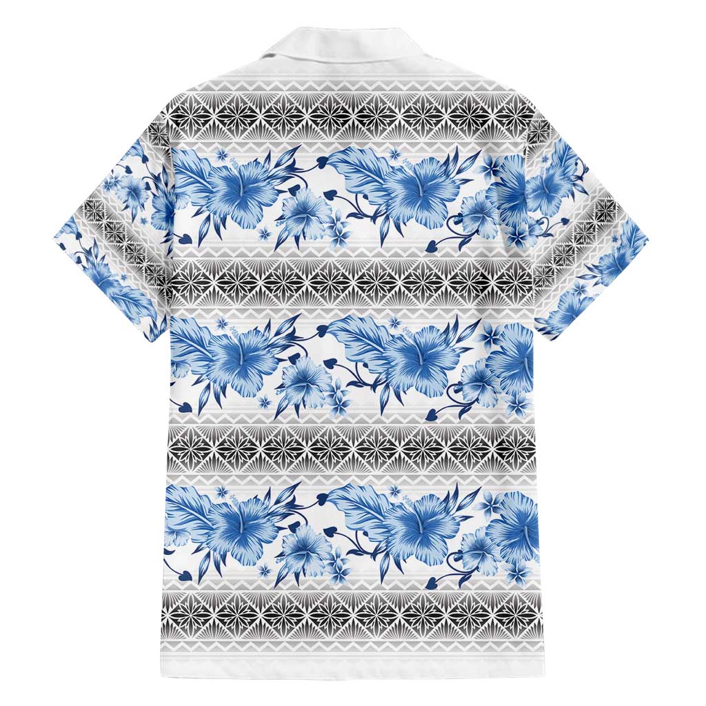 Samoa White Sunday Family Matching Long Sleeve Bodycon Dress and Hawaiian Shirt Samoan Tapa Blue Hibiscus - Polynesian Pride