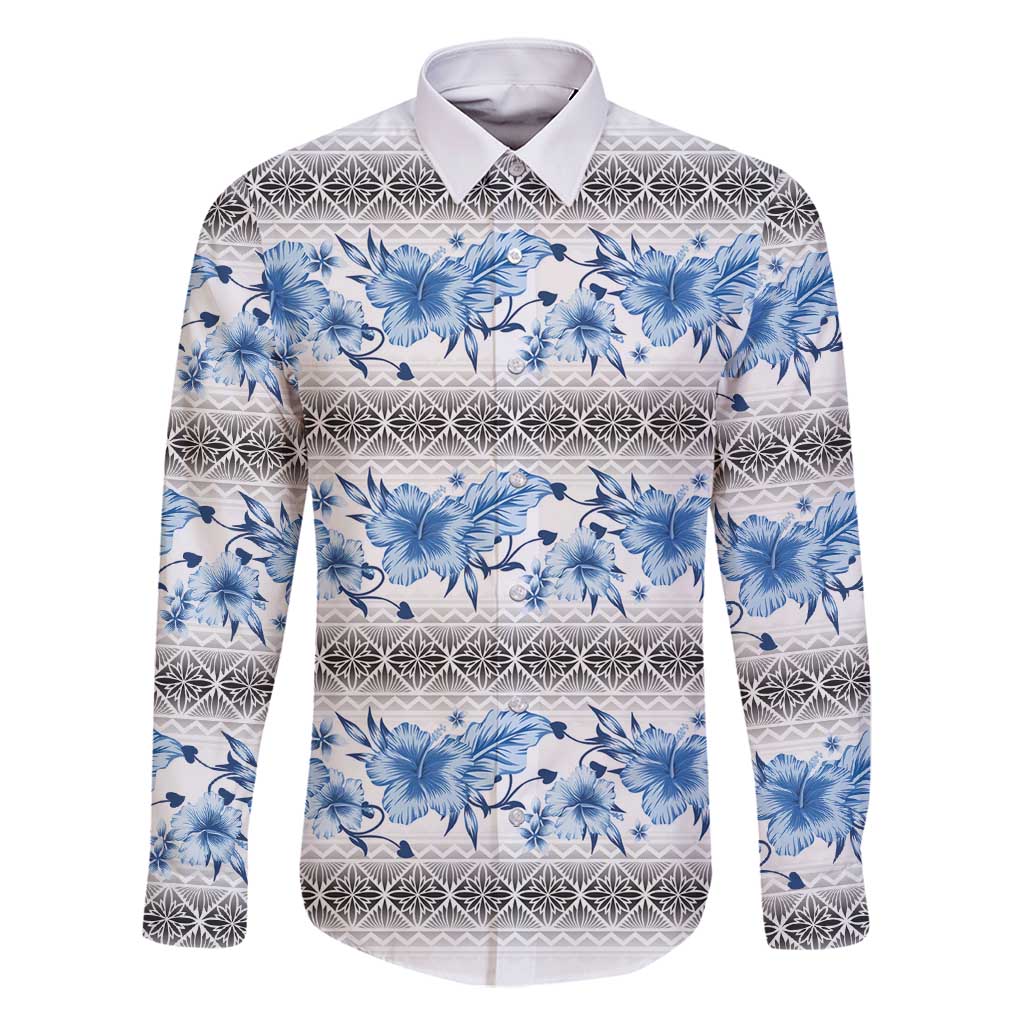 Samoa White Sunday Family Matching Long Sleeve Bodycon Dress and Hawaiian Shirt Samoan Tapa Blue Hibiscus - Polynesian Pride