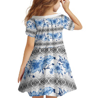 Samoa White Sunday Family Matching Off The Shoulder Long Sleeve Dress and Hawaiian Shirt Samoan Tapa Blue Hibiscus - Polynesian Pride