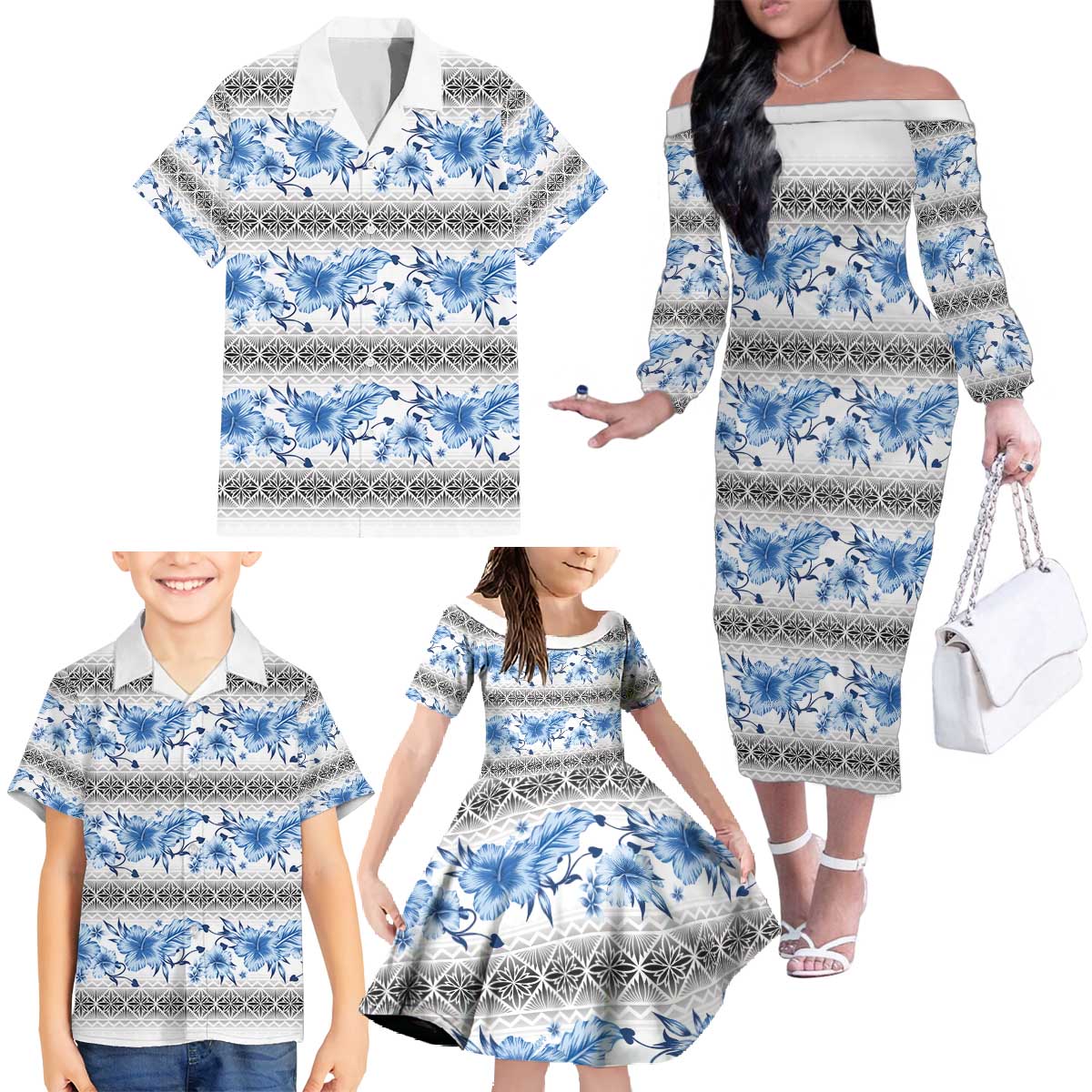 Samoa White Sunday Family Matching Off The Shoulder Long Sleeve Dress and Hawaiian Shirt Samoan Tapa Blue Hibiscus - Polynesian Pride