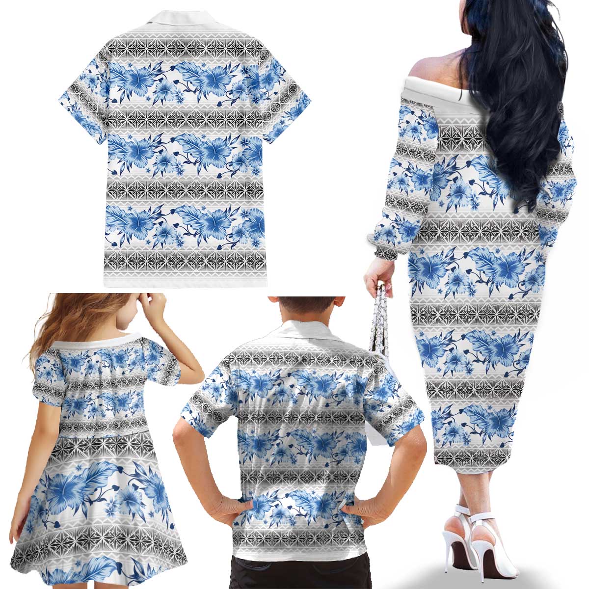 Samoa White Sunday Family Matching Off The Shoulder Long Sleeve Dress and Hawaiian Shirt Samoan Tapa Blue Hibiscus - Polynesian Pride