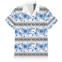 Samoa White Sunday Family Matching Off Shoulder Maxi Dress and Hawaiian Shirt Samoan Tapa Blue Hibiscus - Polynesian Pride