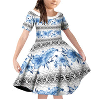 Samoa White Sunday Family Matching Off Shoulder Short Dress and Hawaiian Shirt Samoan Tapa Blue Hibiscus - Polynesian Pride