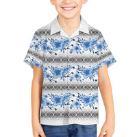 Samoa White Sunday Family Matching Off Shoulder Short Dress and Hawaiian Shirt Samoan Tapa Blue Hibiscus - Polynesian Pride