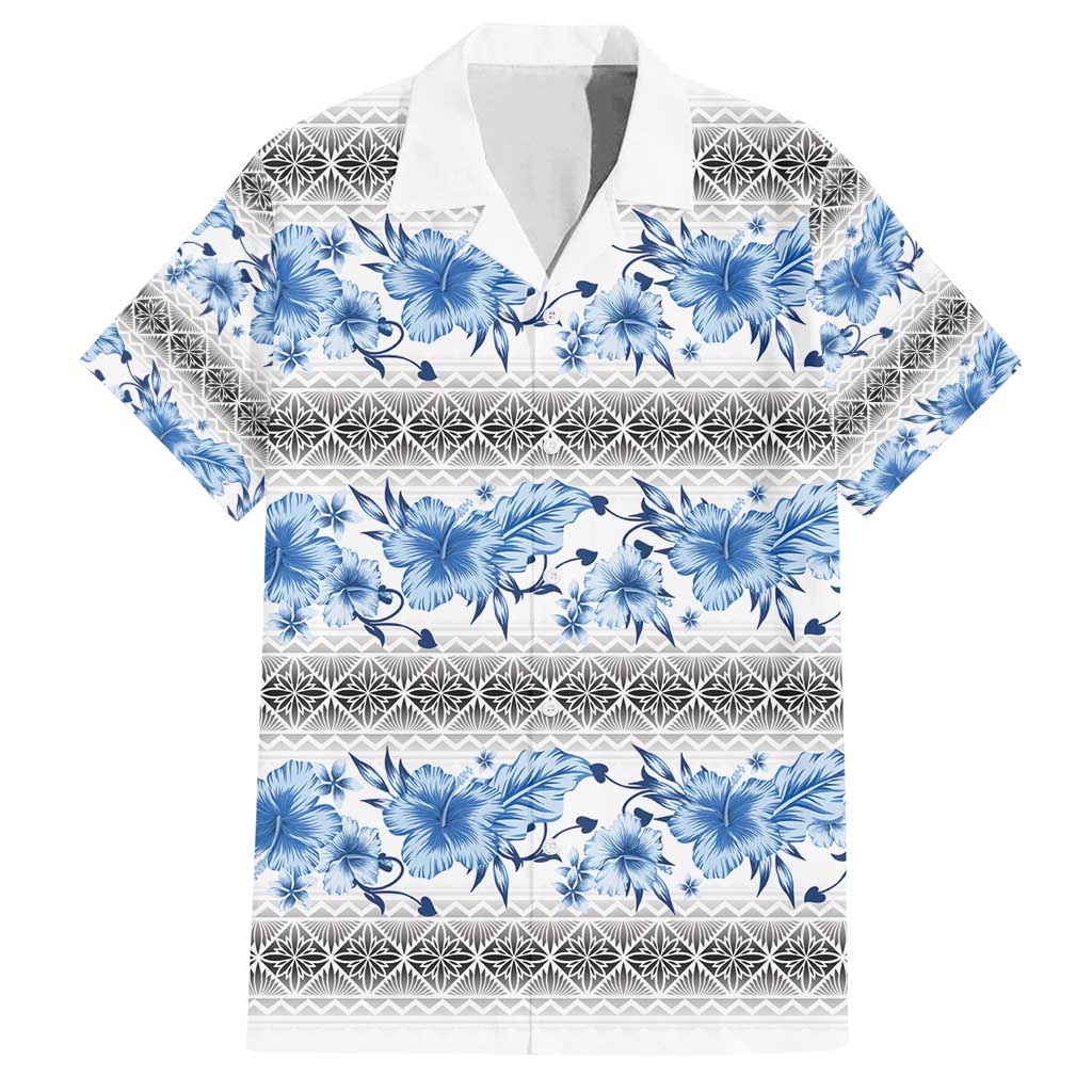 Samoa White Sunday Family Matching Puletasi and Hawaiian Shirt Samoan Tapa Blue Hibiscus - Polynesian Pride