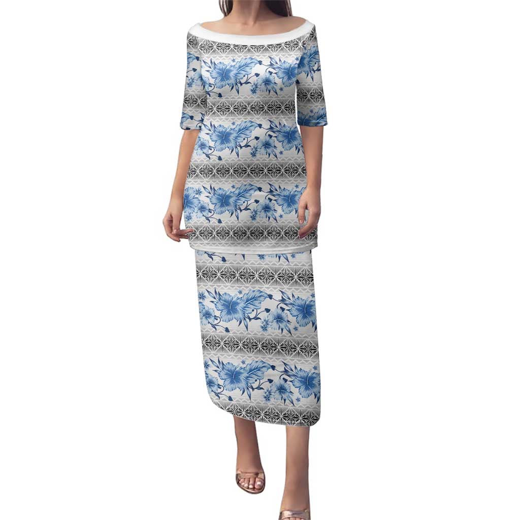 Samoa White Sunday Family Matching Puletasi and Hawaiian Shirt Samoan Tapa Blue Hibiscus - Polynesian Pride