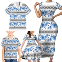 Samoa White Sunday Family Matching Short Sleeve Bodycon Dress and Hawaiian Shirt Samoan Tapa Blue Hibiscus - Polynesian Pride