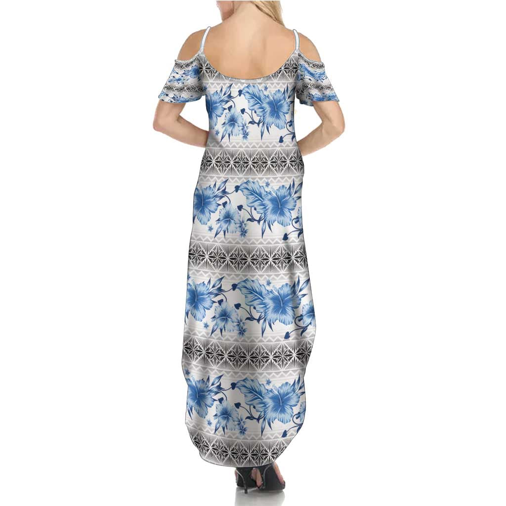 Samoa White Sunday Family Matching Summer Maxi Dress and Hawaiian Shirt Samoan Tapa Blue Hibiscus - Polynesian Pride