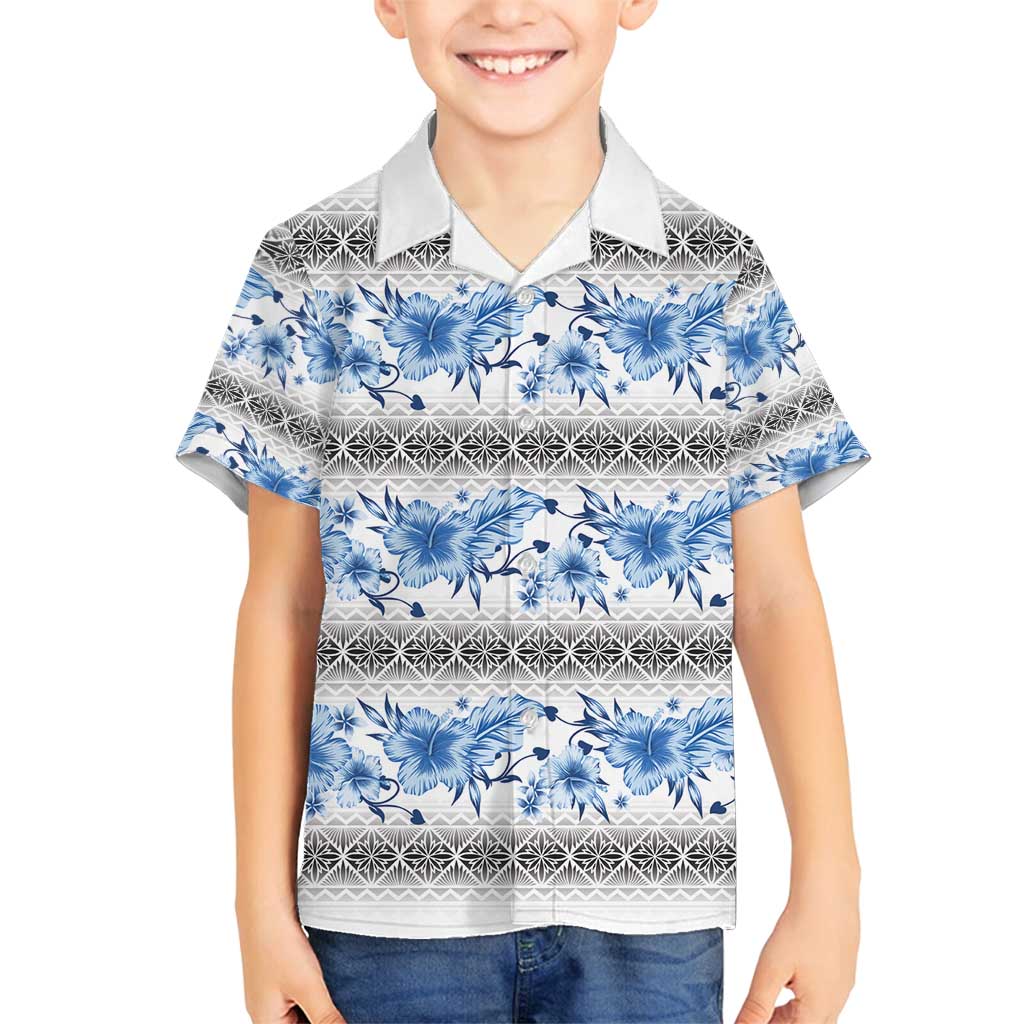 Samoa White Sunday Family Matching Tank Maxi Dress and Hawaiian Shirt Samoan Tapa Blue Hibiscus - Polynesian Pride