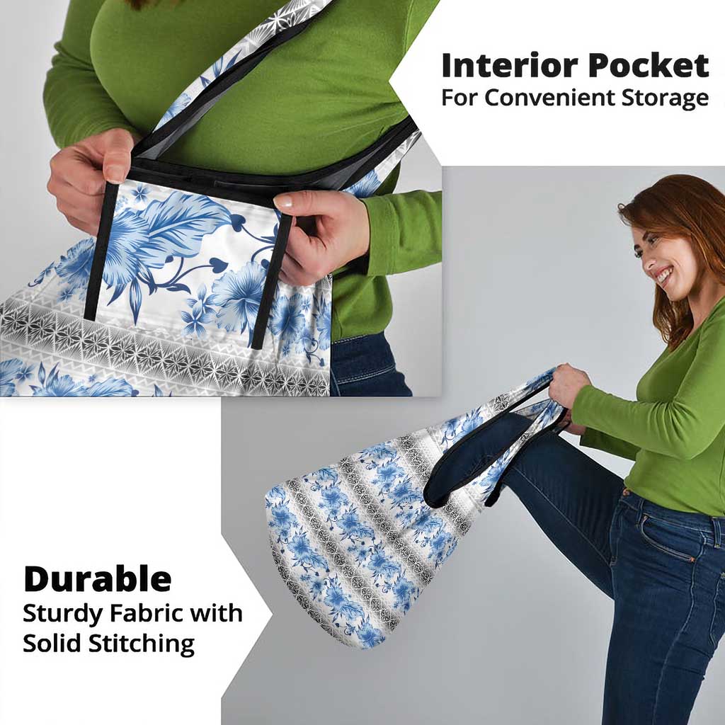 Samoa White Sunday Grocery Bag Samoan Tapa Blue Hibiscus - Polynesian Pride