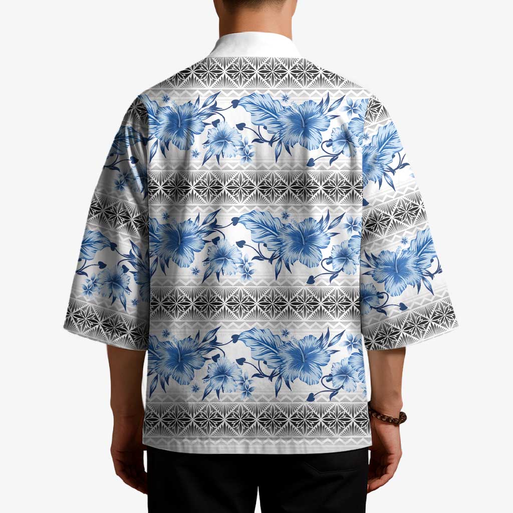 Samoa White Sunday Kimono Samoan Tapa Blue Hibiscus - Polynesian Pride