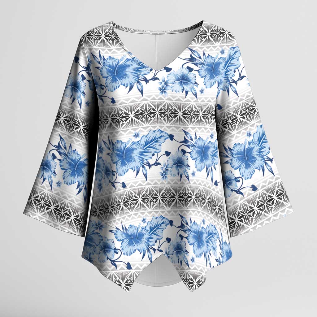 Samoa White Sunday Kimono Sleeve Blouse Samoan Tapa Blue Hibiscus - Polynesian Pride