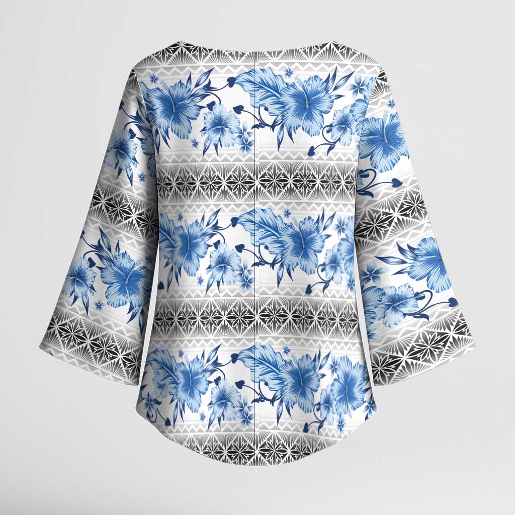 Samoa White Sunday Kimono Sleeve Blouse Samoan Tapa Blue Hibiscus - Polynesian Pride