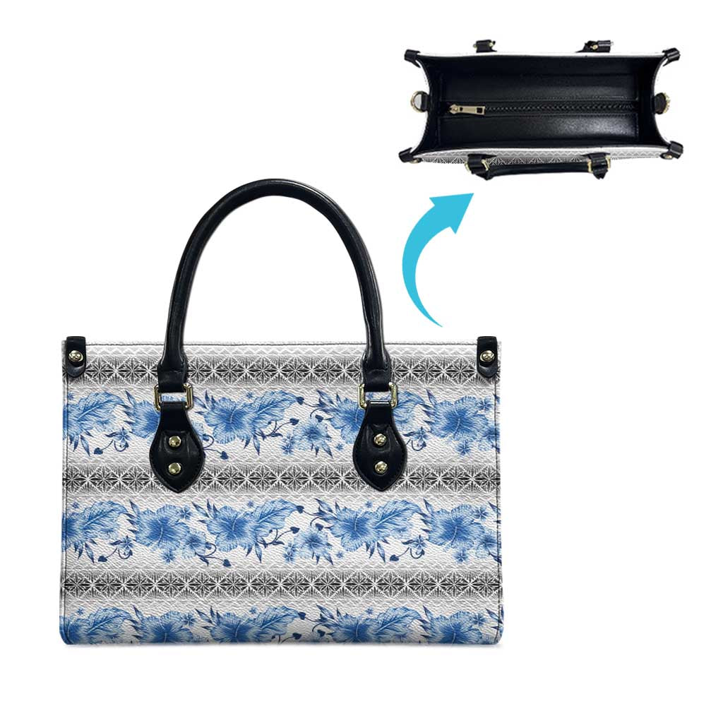 Samoa White Sunday Leather Bag Samoan Tapa Blue Hibiscus - Polynesian Pride
