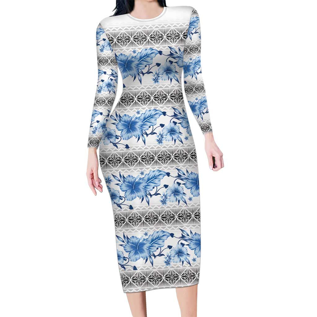 Samoa White Sunday Long Sleeve Bodycon Dress Samoan Tapa Blue Hibiscus - Polynesian Pride