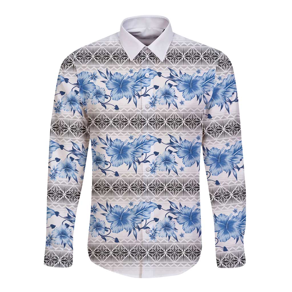 Samoa White Sunday Long Sleeve Button Shirt Samoan Tapa Blue Hibiscus - Polynesian Pride