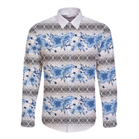 Samoa White Sunday Long Sleeve Button Shirt Samoan Tapa Blue Hibiscus - Polynesian Pride