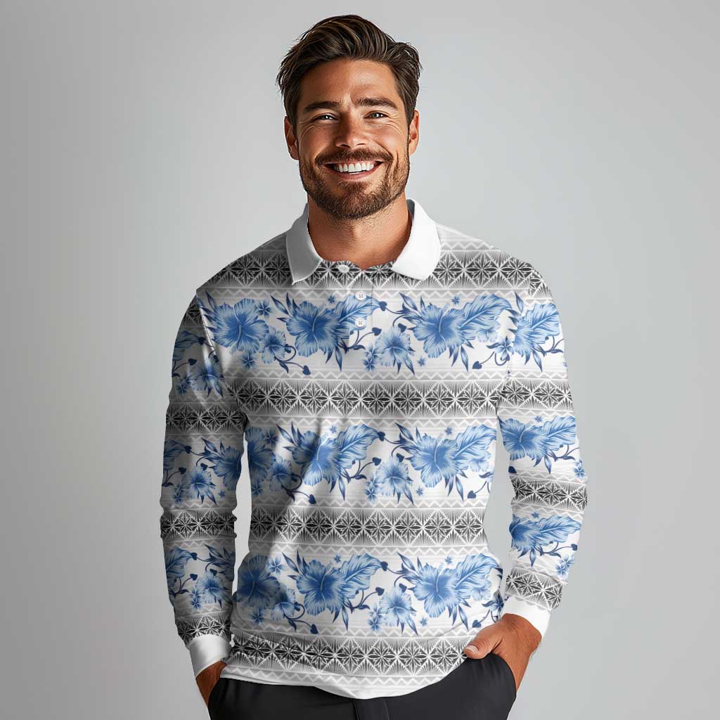 Samoa White Sunday Long Sleeve Polo Shirt Samoan Tapa Blue Hibiscus - Polynesian Pride