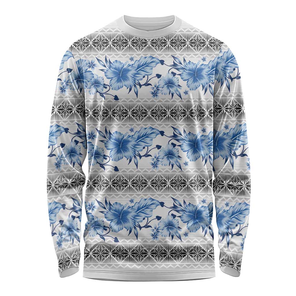 Samoa White Sunday Long Sleeve Shirt Samoan Tapa Blue Hibiscus - Polynesian Pride