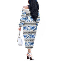 Samoa White Sunday Off The Shoulder Long Sleeve Dress Samoan Tapa Blue Hibiscus - Polynesian Pride