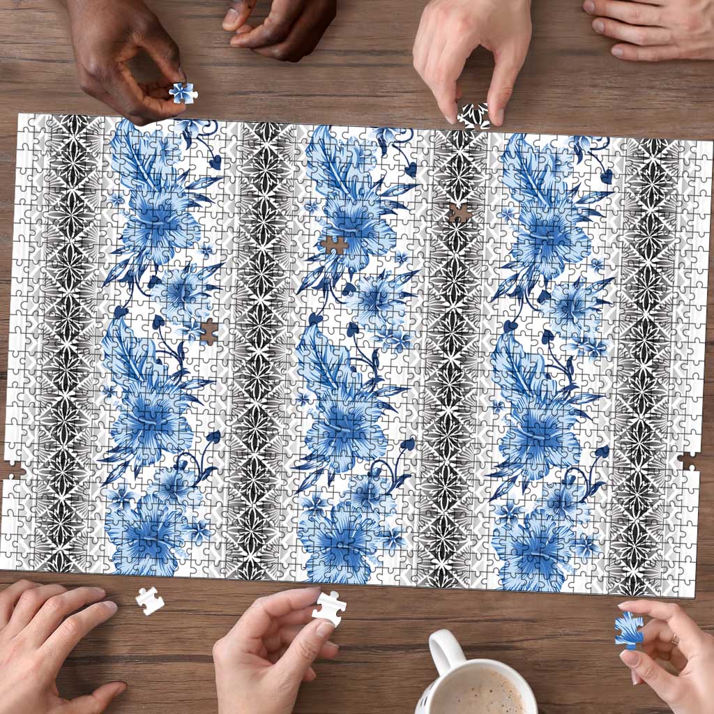 Samoa White Sunday Puzzle Samoan Tapa Blue Hibiscus LT05 - Polynesian Pride