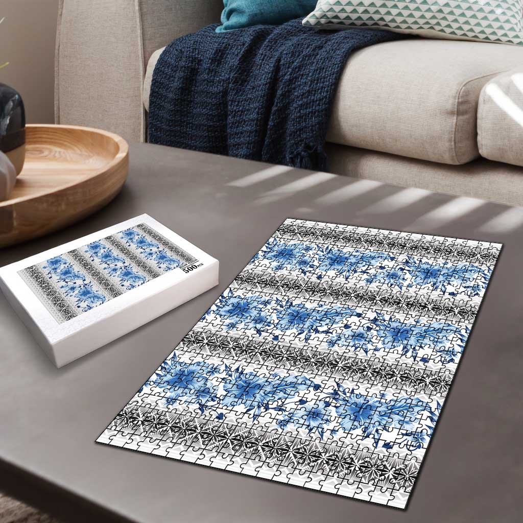 Samoa White Sunday Puzzle Samoan Tapa Blue Hibiscus LT05 - Polynesian Pride