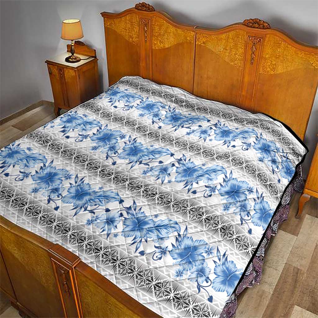 Samoa White Sunday Quilt Samoan Tapa Blue Hibiscus - Polynesian Pride