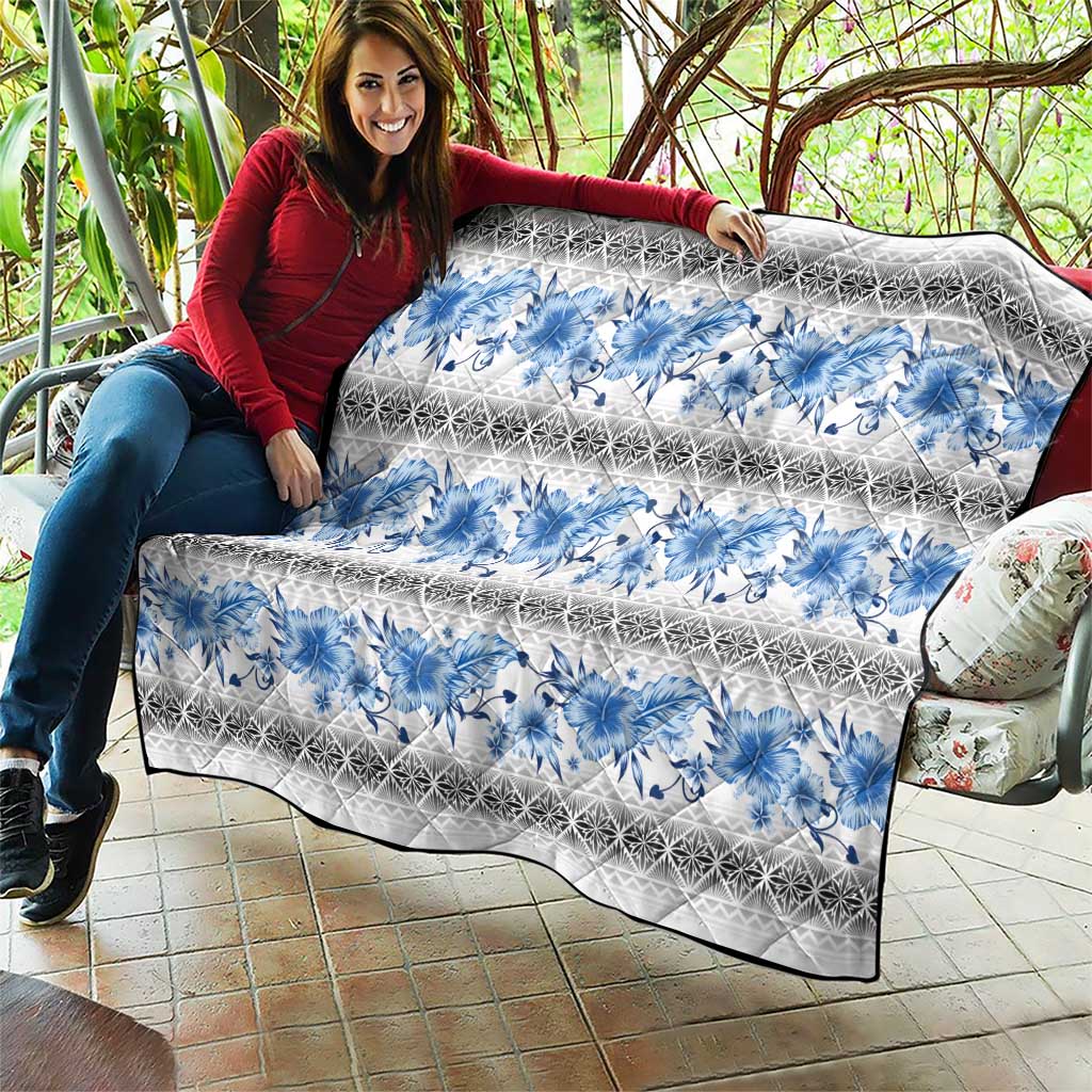 Samoa White Sunday Quilt Samoan Tapa Blue Hibiscus - Polynesian Pride