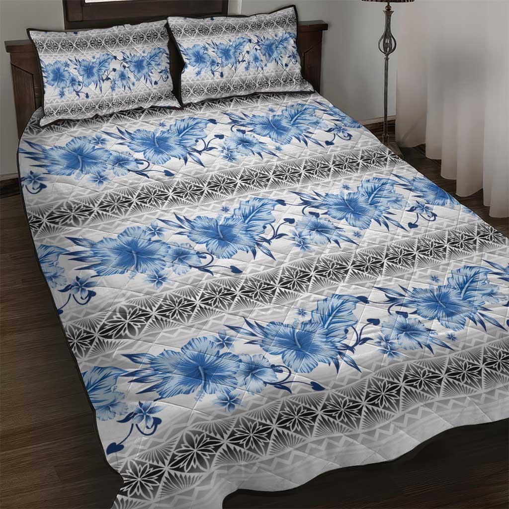 Samoa White Sunday Quilt Bed Set Samoan Tapa Blue Hibiscus - Polynesian Pride