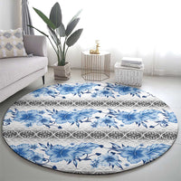 Samoa White Sunday Round Carpet Samoan Tapa Blue Hibiscus - Polynesian Pride