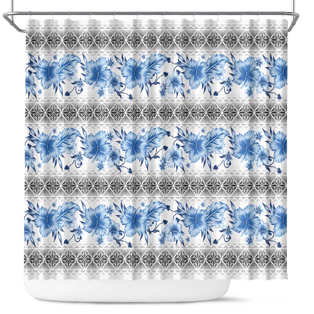Samoa White Sunday Shower Curtain Samoan Tapa Blue Hibiscus - Polynesian Pride