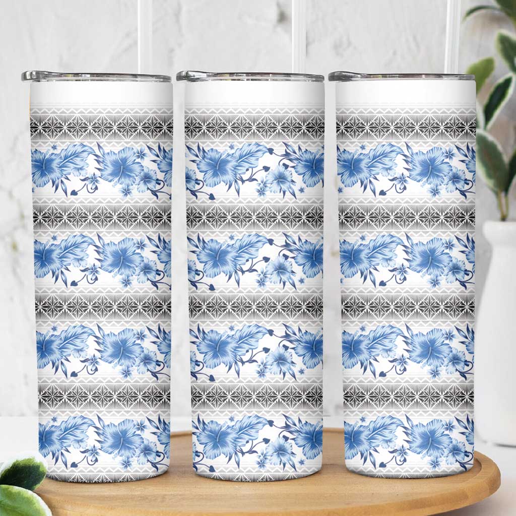 Samoa White Sunday Skinny Tumbler Samoan Tapa Blue Hibiscus - Polynesian Pride