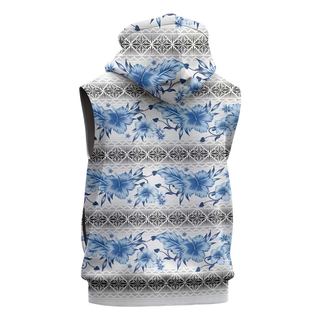 Samoa White Sunday Sleeveless Hoodie Samoan Tapa Blue Hibiscus LT05 - Polynesian Pride