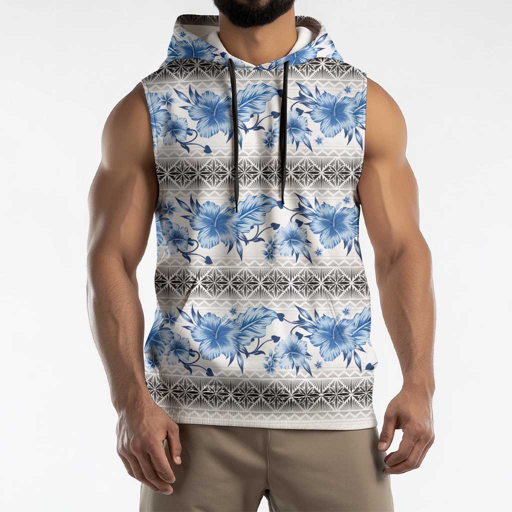 Samoa White Sunday Sleeveless Hoodie Samoan Tapa Blue Hibiscus LT05 - Polynesian Pride