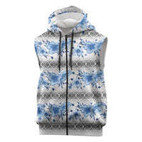 Samoa White Sunday Sleeveless Zip Hoodie Samoan Tapa Blue Hibiscus LT05 Blue - Polynesian Pride