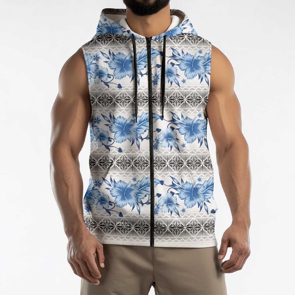 Samoa White Sunday Sleeveless Zip Hoodie Samoan Tapa Blue Hibiscus LT05 - Polynesian Pride