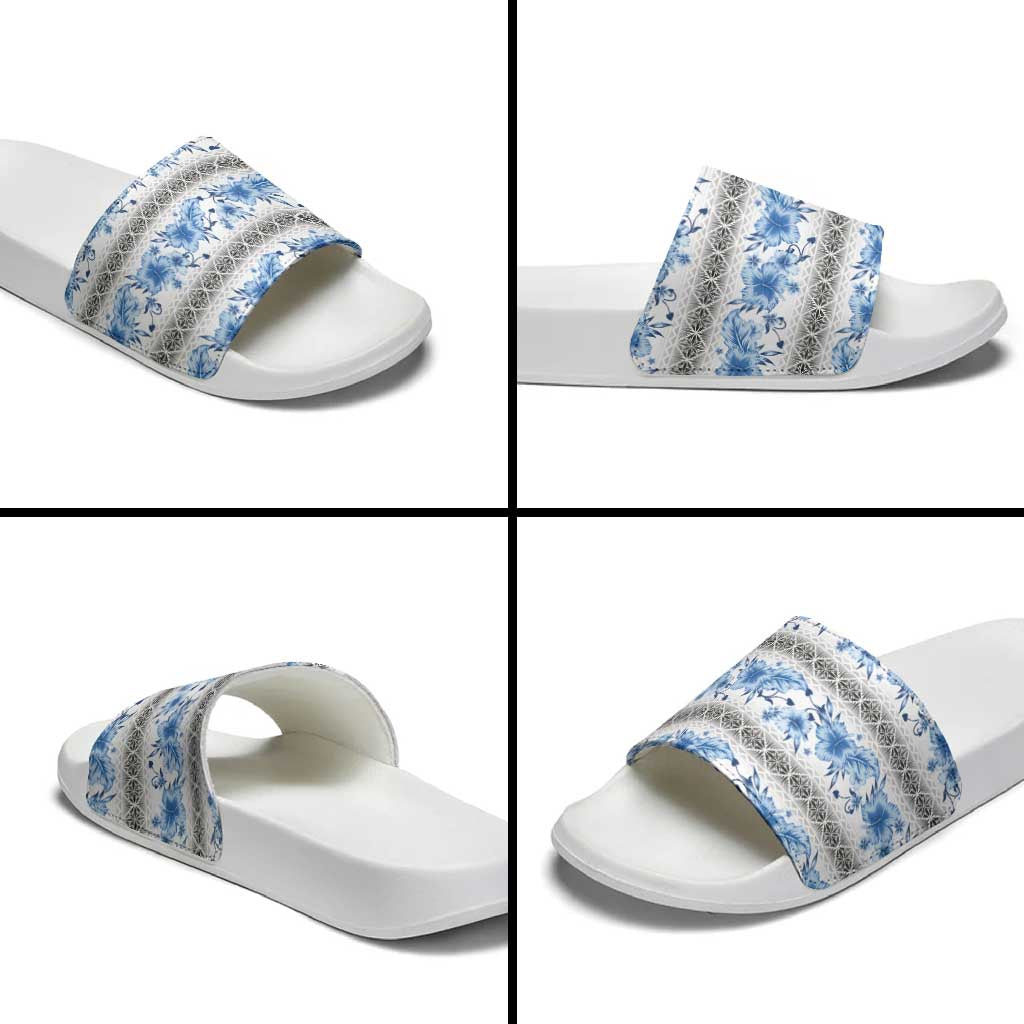 Samoa White Sunday Slide Sandals Samoan Tapa Blue Hibiscus - Polynesian Pride