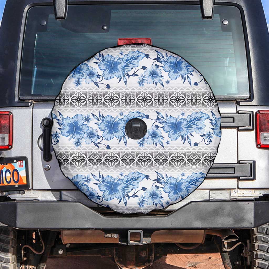Samoa White Sunday Spare Tire Cover Samoan Tapa Blue Hibiscus - Polynesian Pride