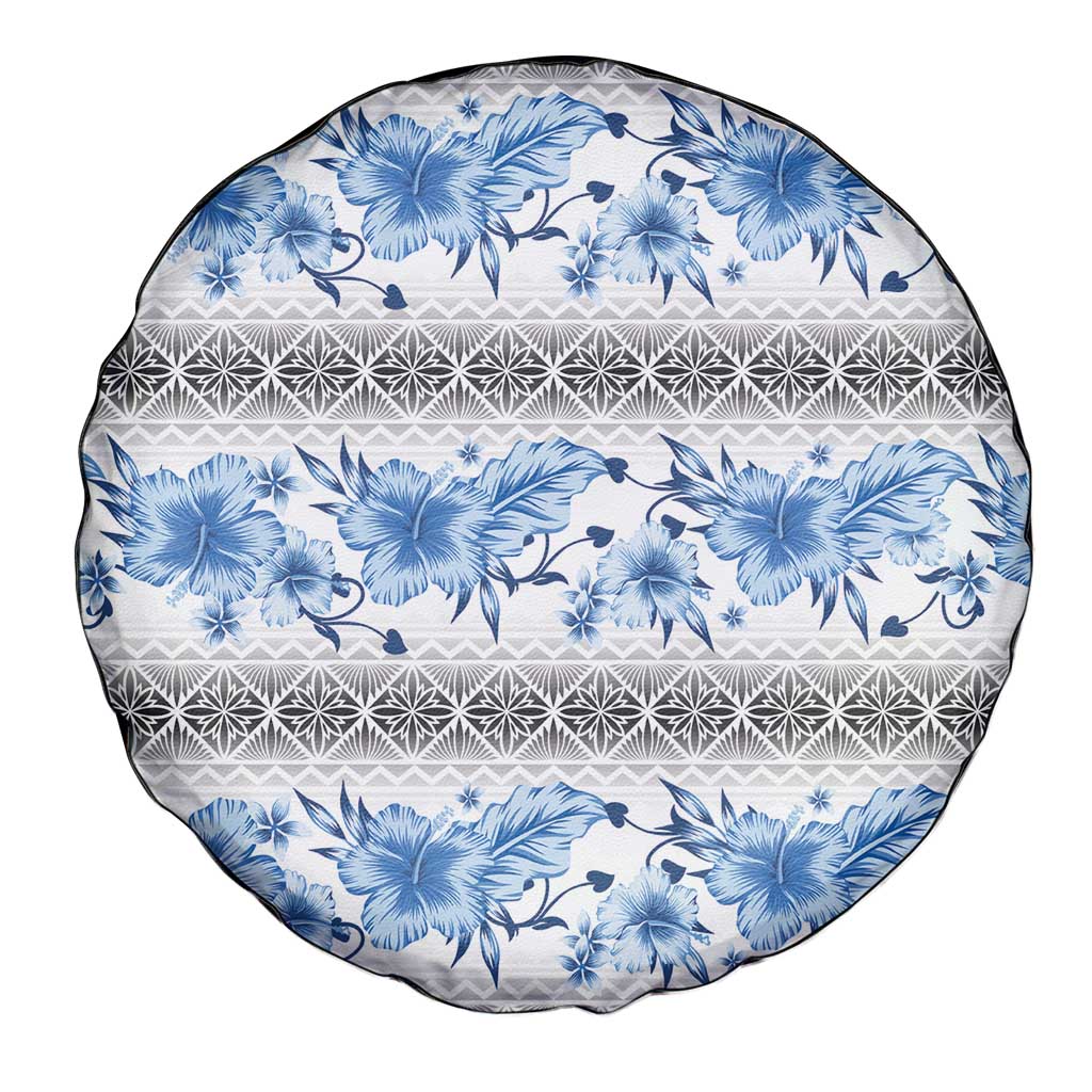 Samoa White Sunday Spare Tire Cover Samoan Tapa Blue Hibiscus - Polynesian Pride
