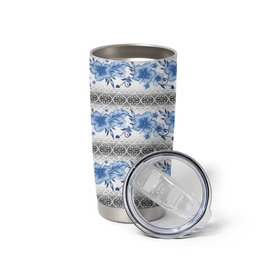 Samoa White Sunday Tumbler Cup Samoan Tapa Blue Hibiscus - Polynesian Pride