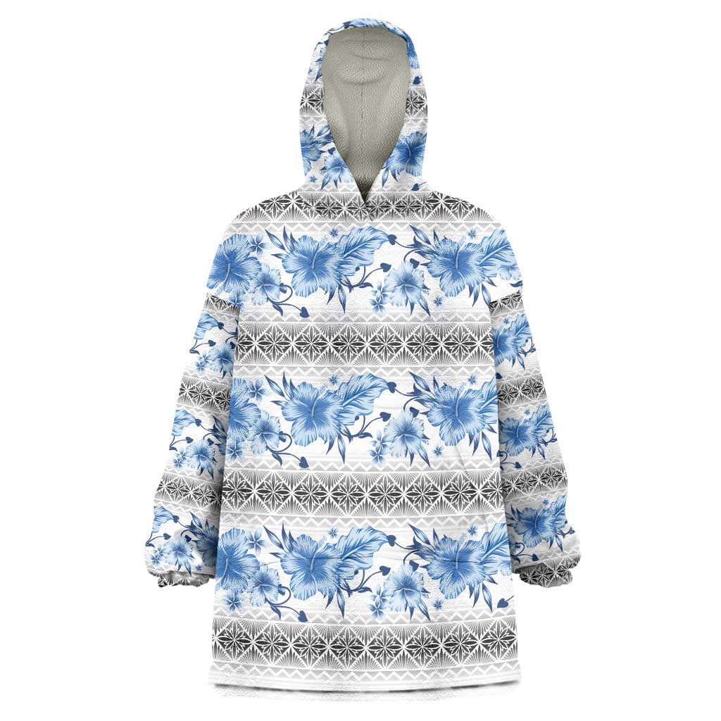 Samoa White Sunday Wearable Blanket Hoodie Samoan Tapa Blue Hibiscus - Polynesian Pride