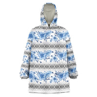 Samoa White Sunday Wearable Blanket Hoodie Samoan Tapa Blue Hibiscus - Polynesian Pride