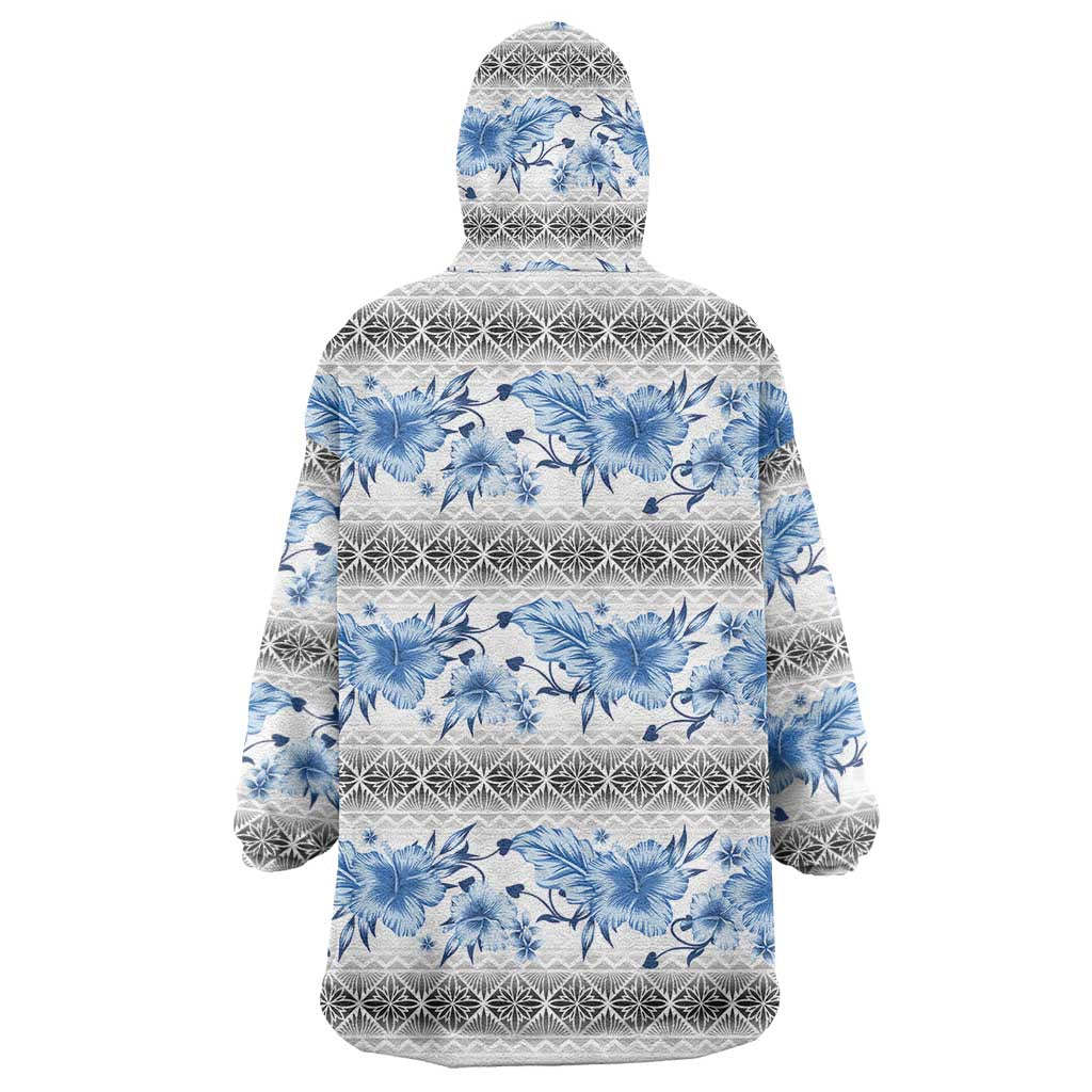 Samoa White Sunday Wearable Blanket Hoodie Samoan Tapa Blue Hibiscus - Polynesian Pride