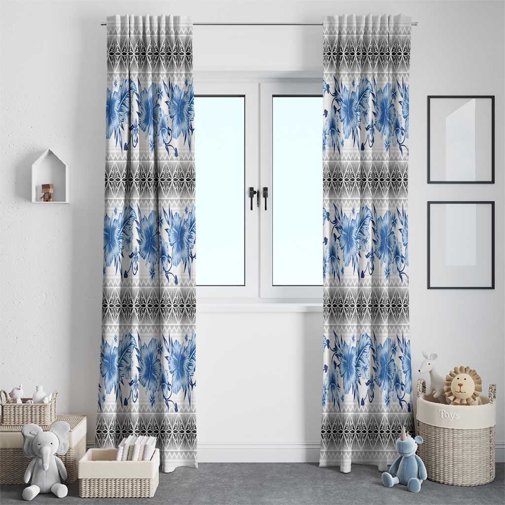 Samoa White Sunday Window Curtain Samoan Tapa Blue Hibiscus - Polynesian Pride