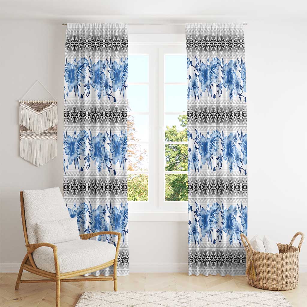 Samoa White Sunday Window Curtain Samoan Tapa Blue Hibiscus - Polynesian Pride