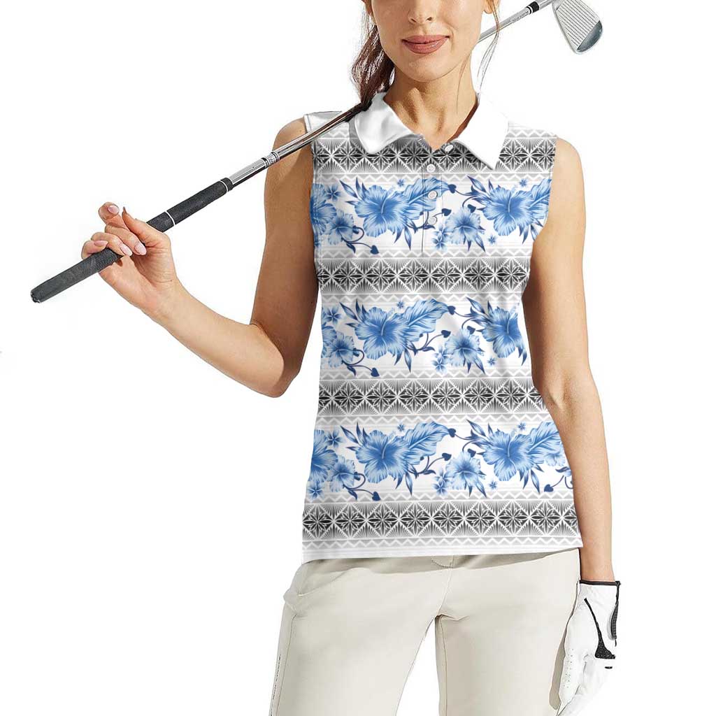 Samoa White Sunday Women Sleeveless Polo Shirt Samoan Tapa Blue Hibiscus - Polynesian Pride