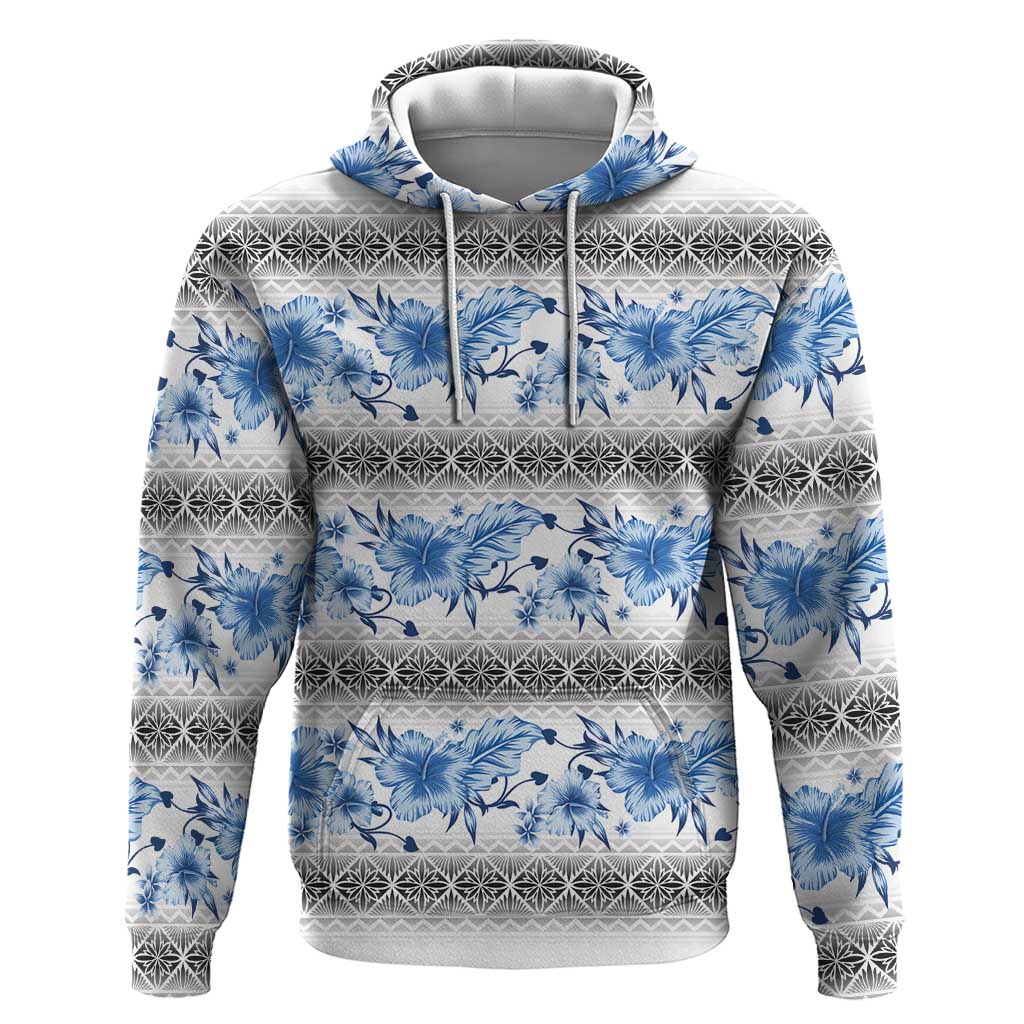 Samoa White Sunday Zip Hoodie Samoan Tapa Blue Hibiscus - Polynesian Pride
